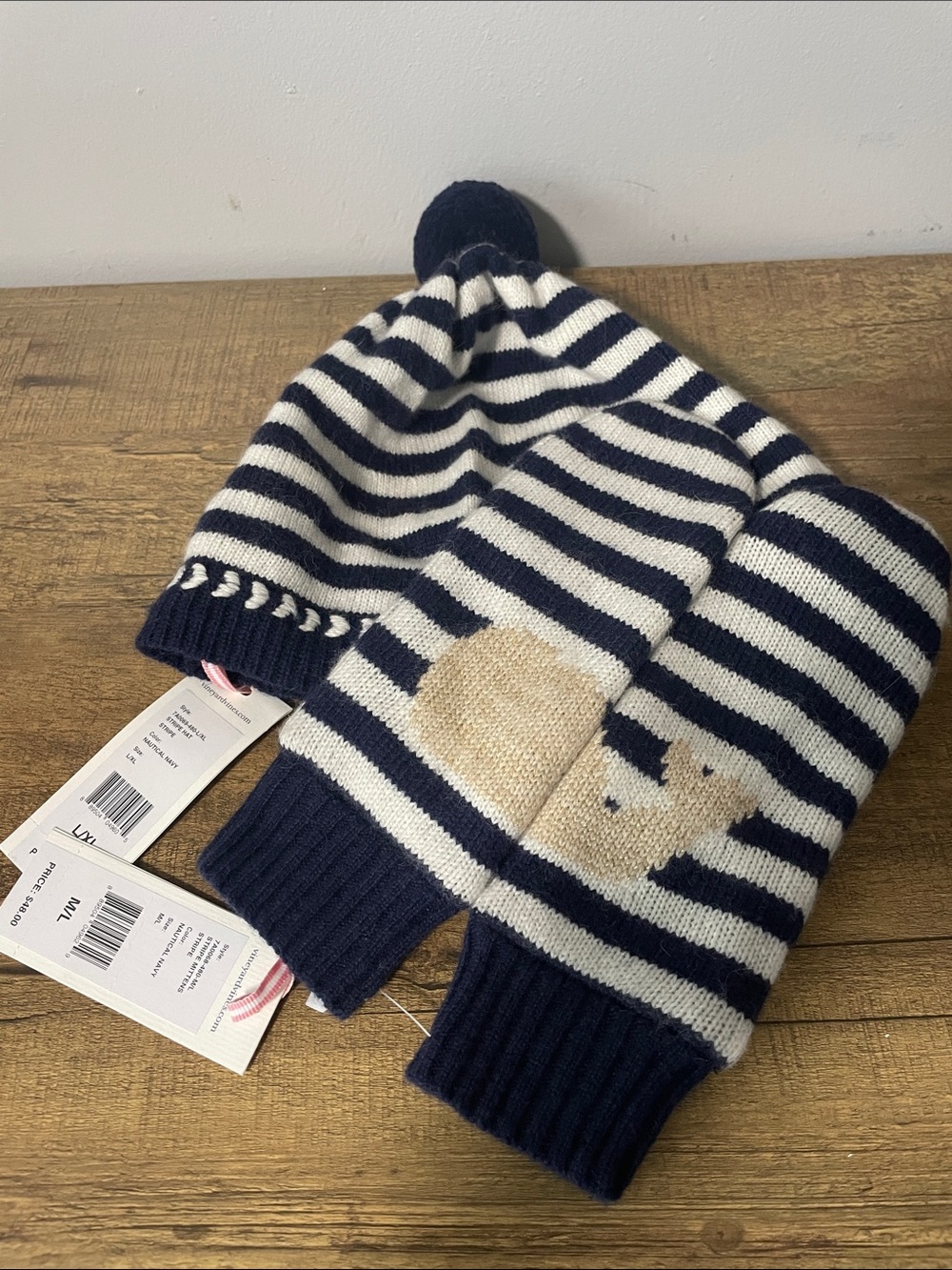 Vineyard VinesNavy & White Striped Pom Beanie and Mittens Set